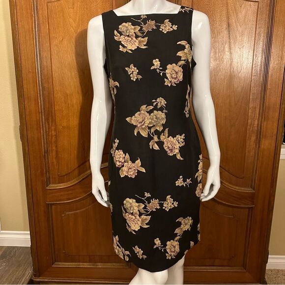 Vintage Linen Dress Jones New York Black Floral Sheath Size 8 - Picture 6 of 11